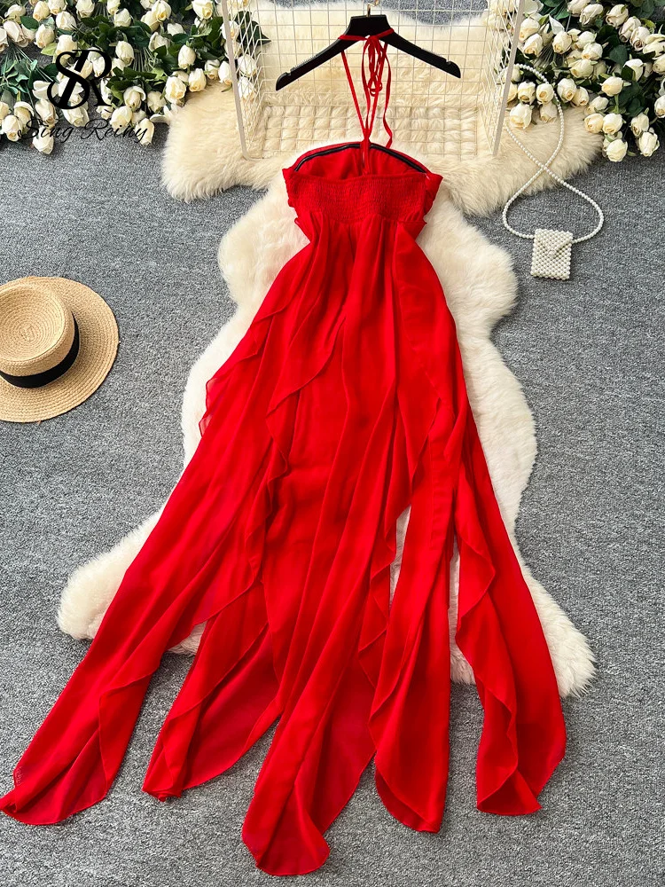 halter hollow dress SINGREINY Ruffle Vacation Ladies Backless Out A-line Stretch Flowy Summer Irregular Hot Girl Seaside Dresses edgy street style