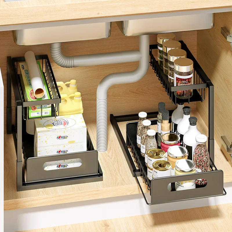 Kitchen Organization Rack with Double Sliding Cabinet Drawers Storage Tray Seasoning Bottle Spice Storage Rack Kitchen Organizer