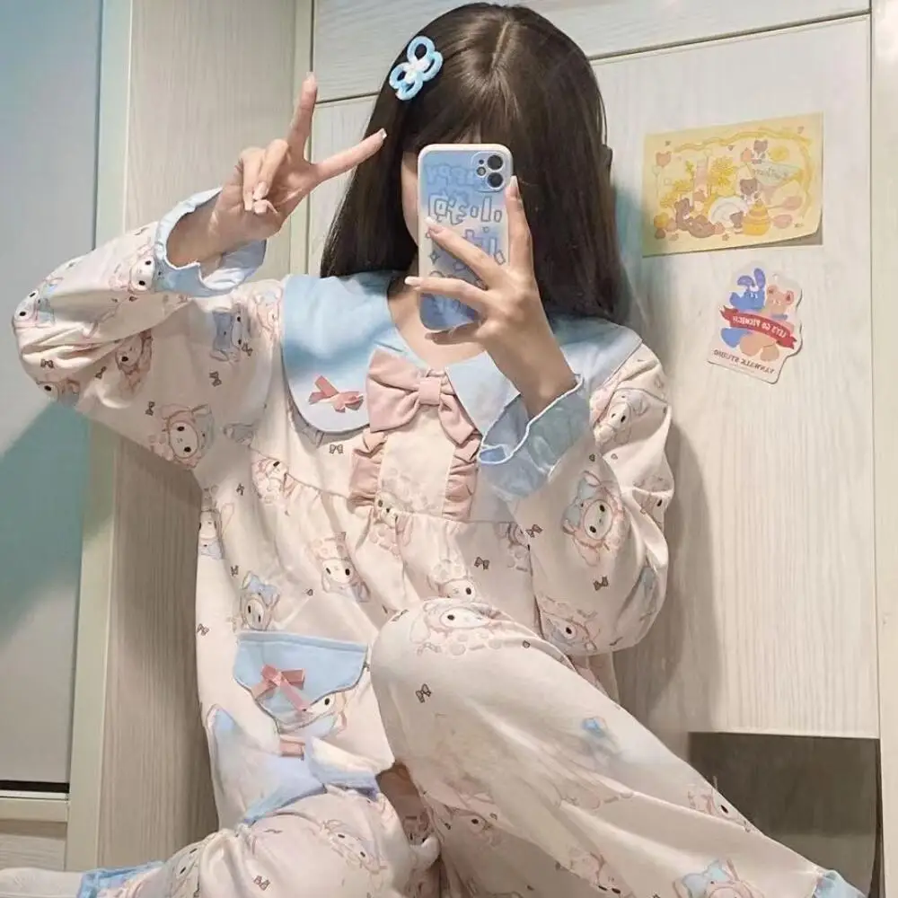 

Женские милые теплые уютные пижамные комплекты с мультяшным аниме-принтом и воротником-бабочкой для дома, повседневной носки и отдыха, ночная одежда