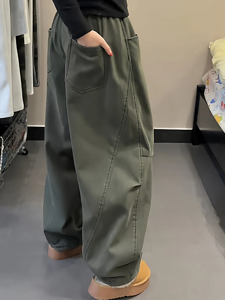 Calças de Trabalho Verde Militar Americana para Homens e Mulheres, Estilo Largura com Pregas, Jeans com Cintura Alta e Ajuste...