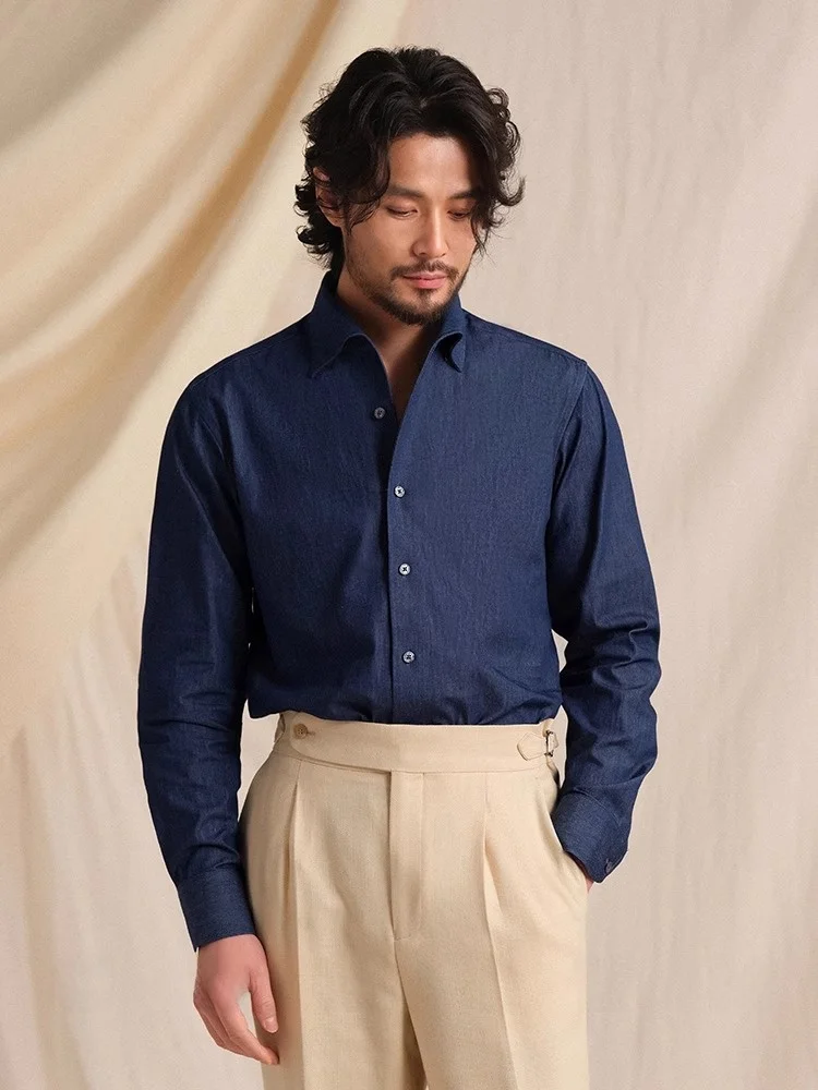 Csa de Negocios Casual de Manga Larga para Hombre, Estilo Italiano, de Aodón Puro CULTUM, Corte Entallado, Cuello Clásic...