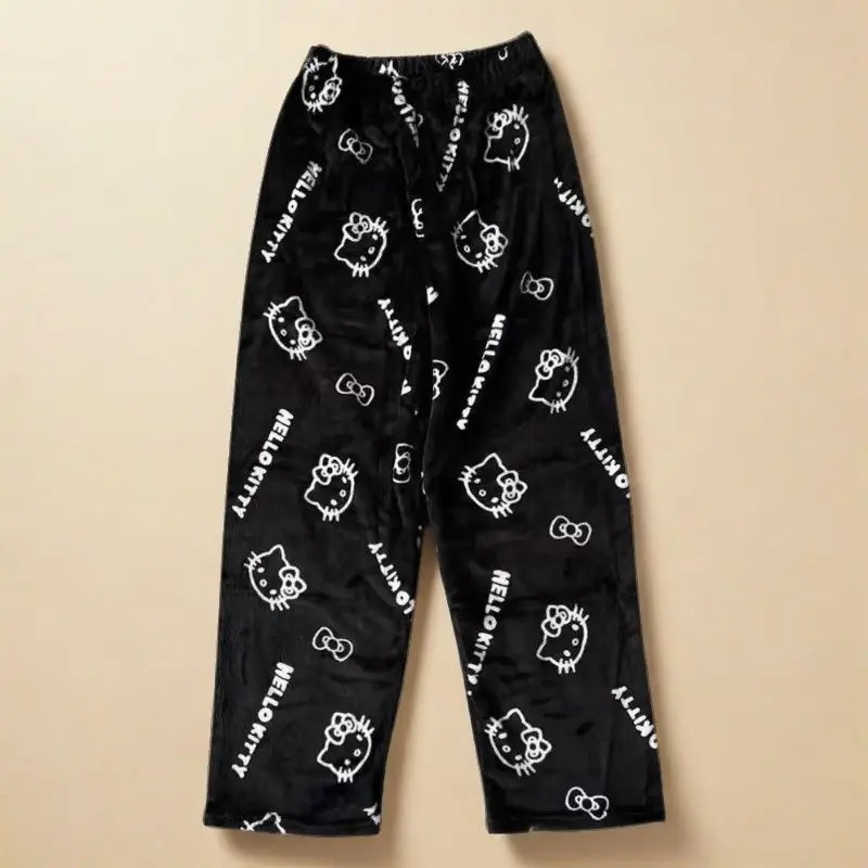 Sanrios مرحبا كيتي منامة النساء الفانيلا فضفاضة عارضة بيجامة بانت رشاقته الدافئة الكرتون المنزل السراويل الخريف الشتاء الملابس هدية