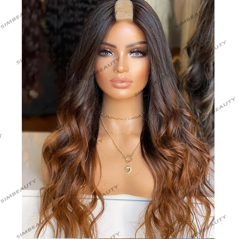 

Opening 1x4 U Part/V Part Human Hair Black Women Wigs with Adjustable Straps Glueless 200Density Ombre Golden Brown Wave Wigs