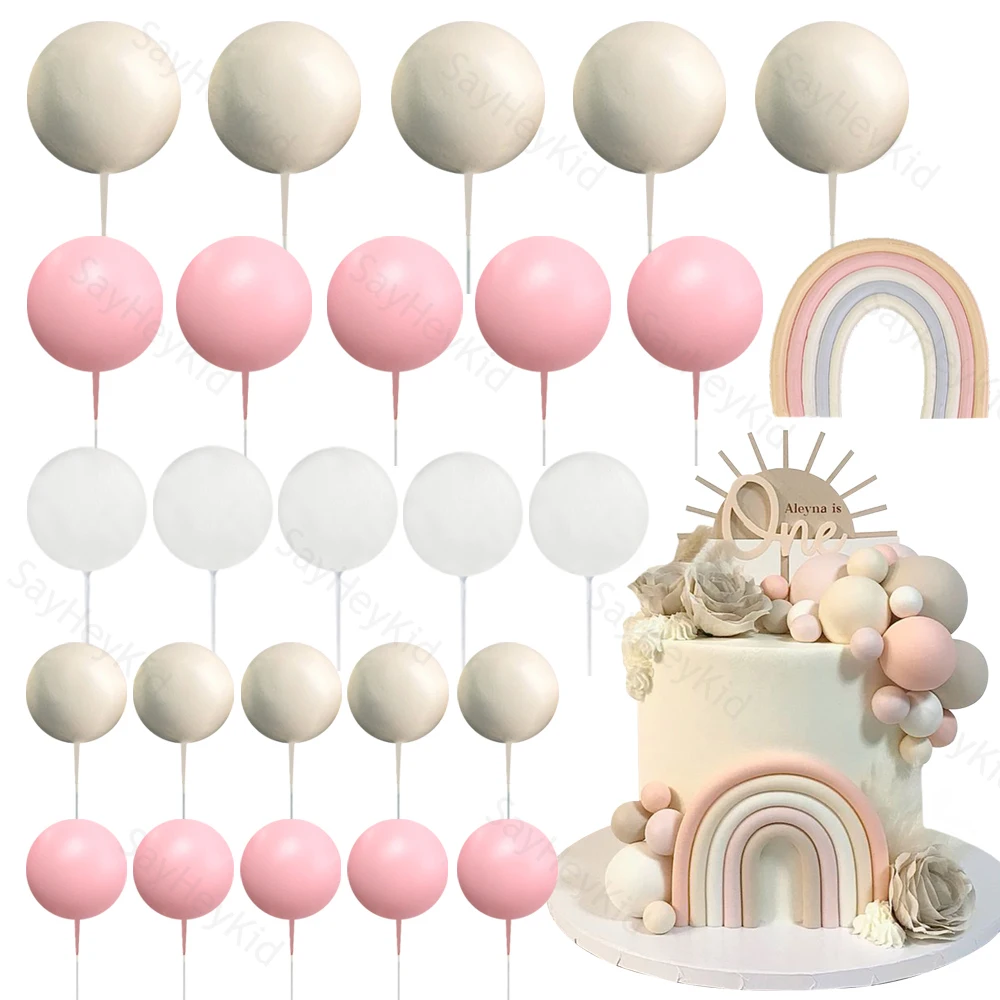 Boho Rainbow Cake Toppers Khaki Pink Balls Cake Decoration DIY Bohemian Wedding Baby Shower Girls Birthday Party Supplies