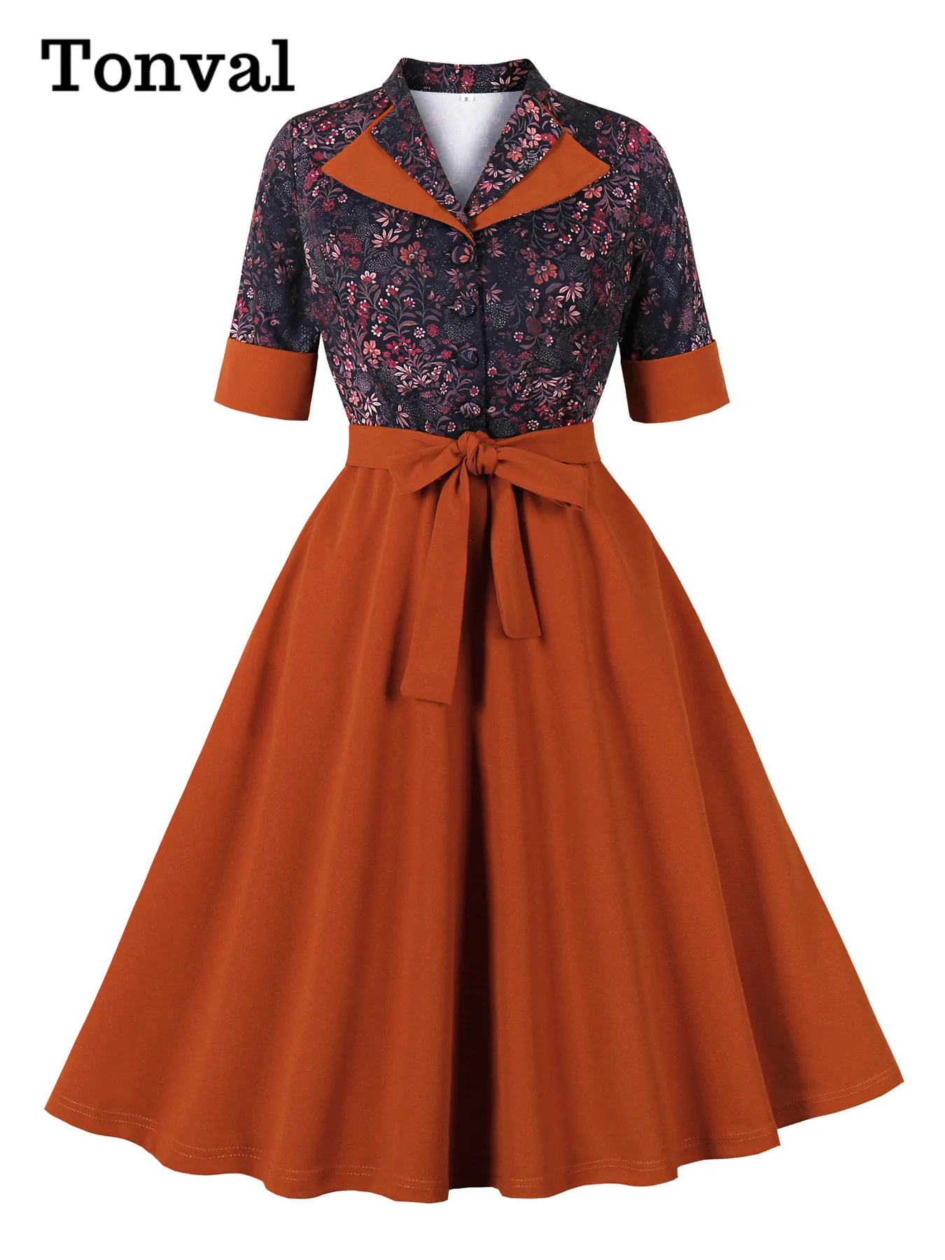 

Tonval Double-Layered Contrast Collar Floral Patchwork Vintage Midi Dresses Half Sleeve Women Button-Up Elegant Pockets Dress