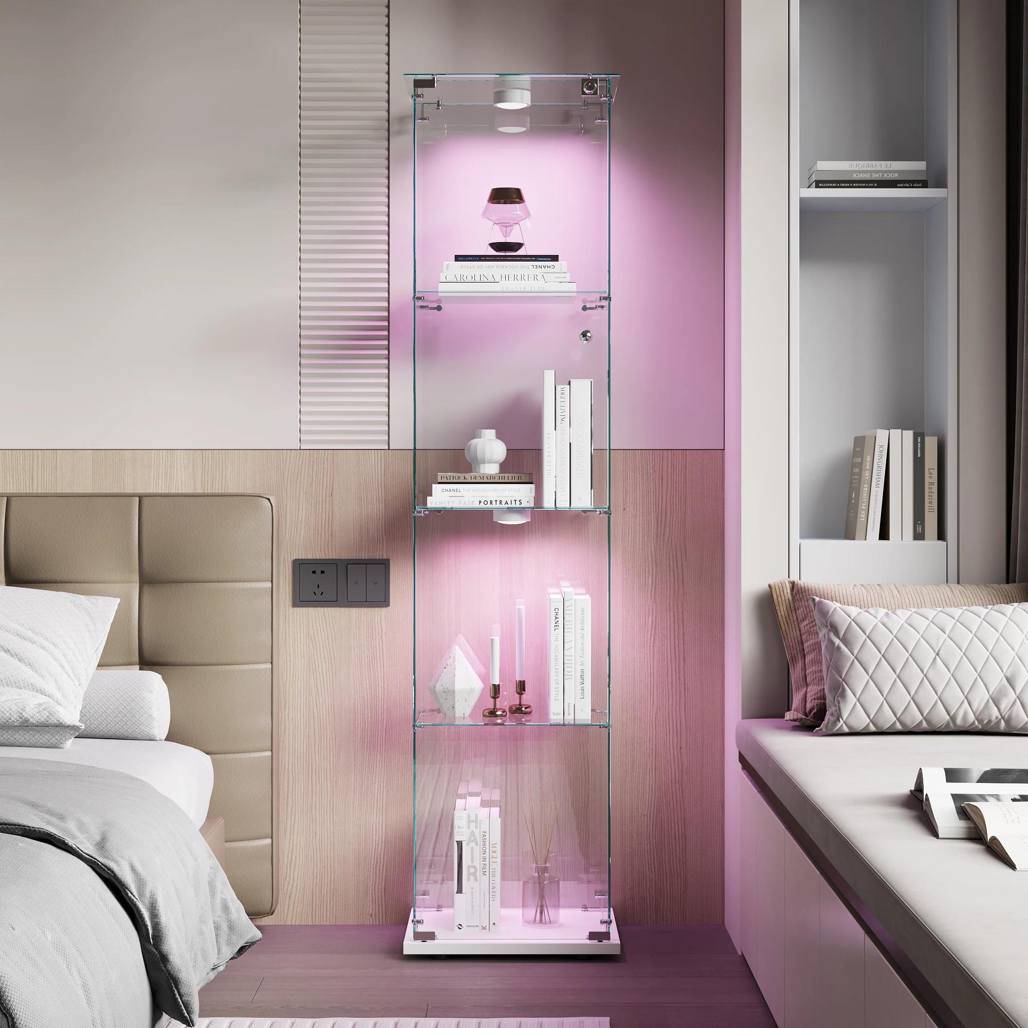 Anajqaqia 163×78.5×35cm 1-deurs en 4-laags glazen vitrinekast, met 2 deuren en slot, LED-verlichting, glazen presentatiekast, wit