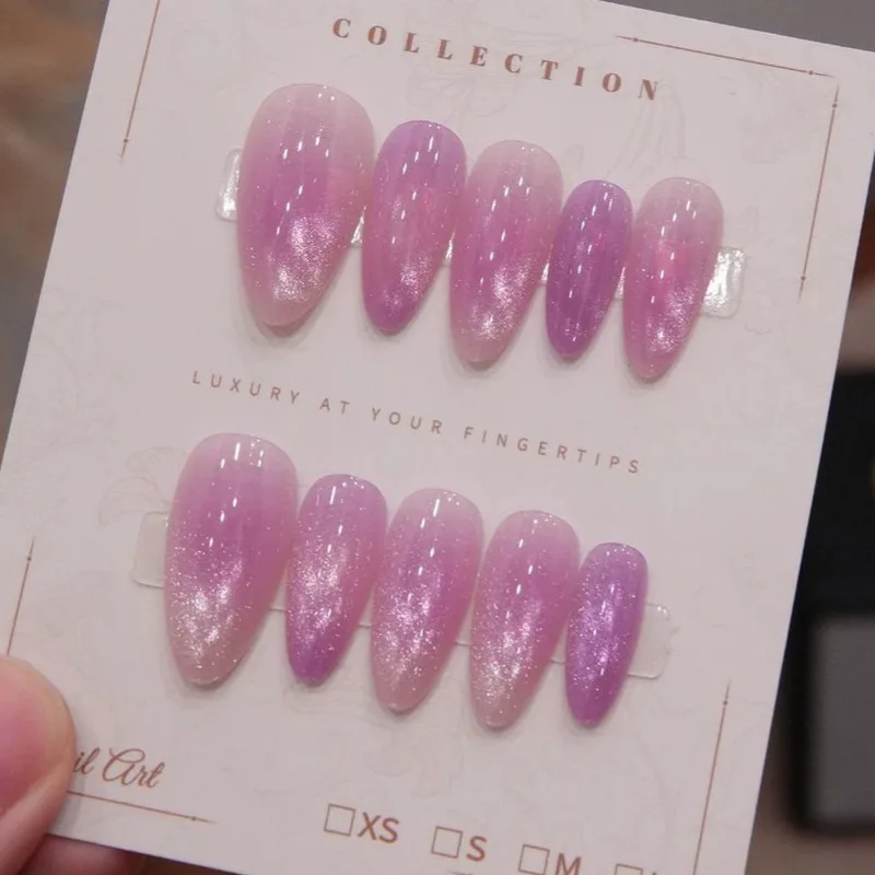 Pink Purple Cat Eye Gradient Press On Nails,Dreamy Glitter Medium Almond False Nails,Fairy Removable Reusable Popular Manicure N view 3