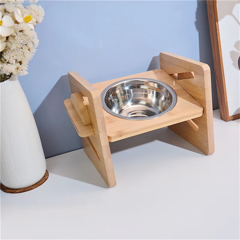 Bamboo Elevated Dog Bowls with Stand Adjustable Raised Puppy Cat Food Water Bowls Holder Rabbit Feeder for Small Medium Pet with