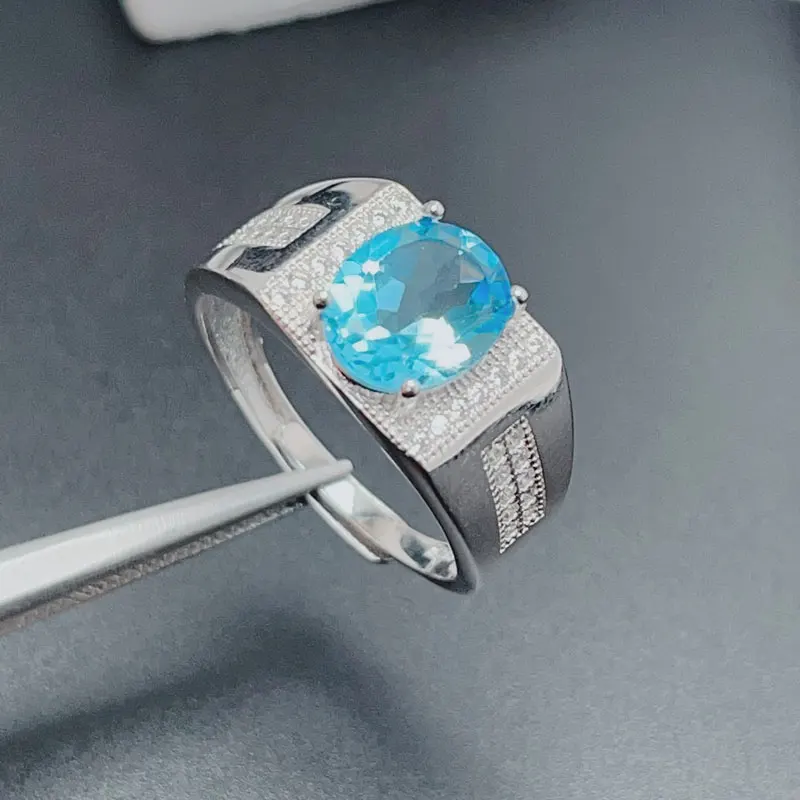 

Sky Blue Topaz Ring for Men 8mm*10mm Natural Topaz 925 Silver Men Jewelry Keep Shining 3 Layers 18K Gold Plated Silver Ring