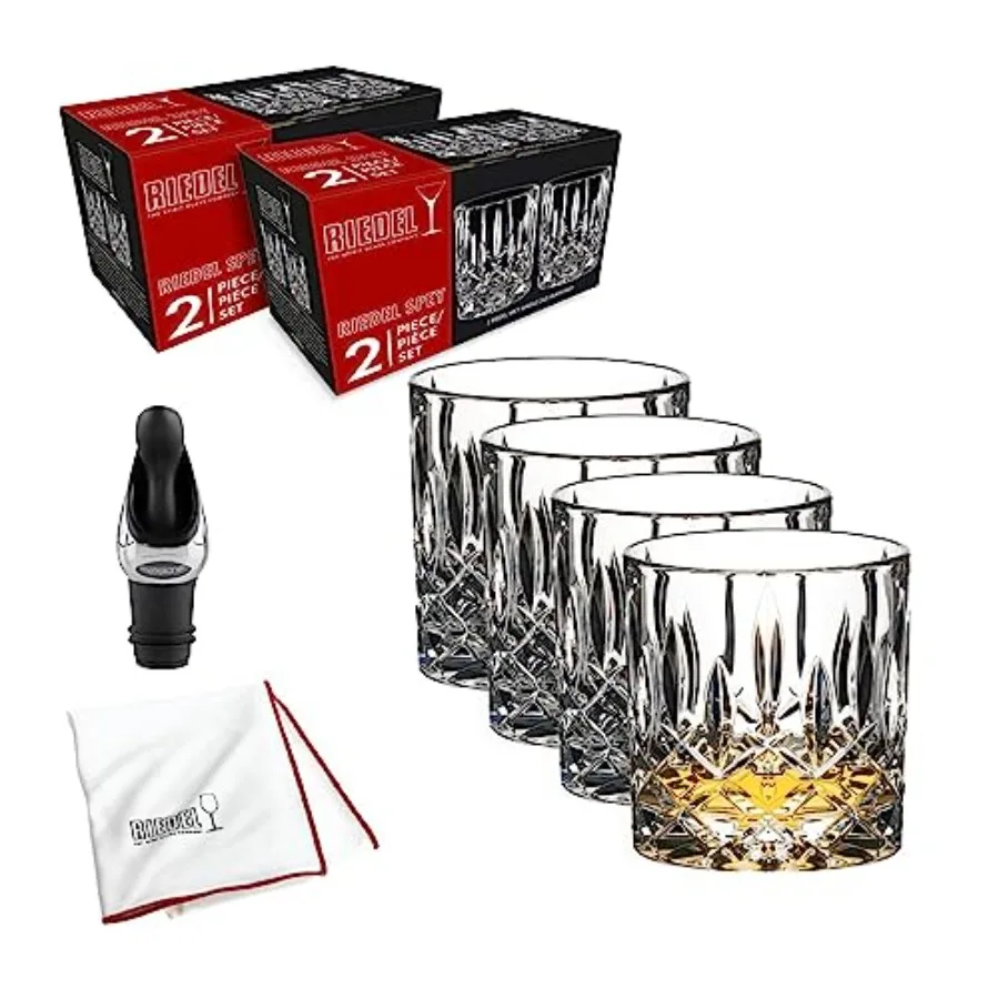 

Tumbler Collection Spey Single Old Fashioned Glass 4-Pack Bundle with Polishing Cloth and Wine Pourer with Stopper (4 Items)
