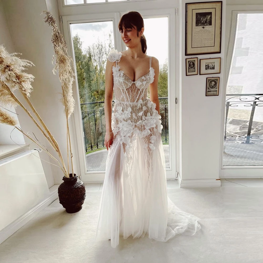 

See Thru 3D Flowers Mesh Wedding Dresses Sexy Spaghetti Strap Applique A Line Bridal Dress Long Tulle Puffy Bridal Gowns Lace-up