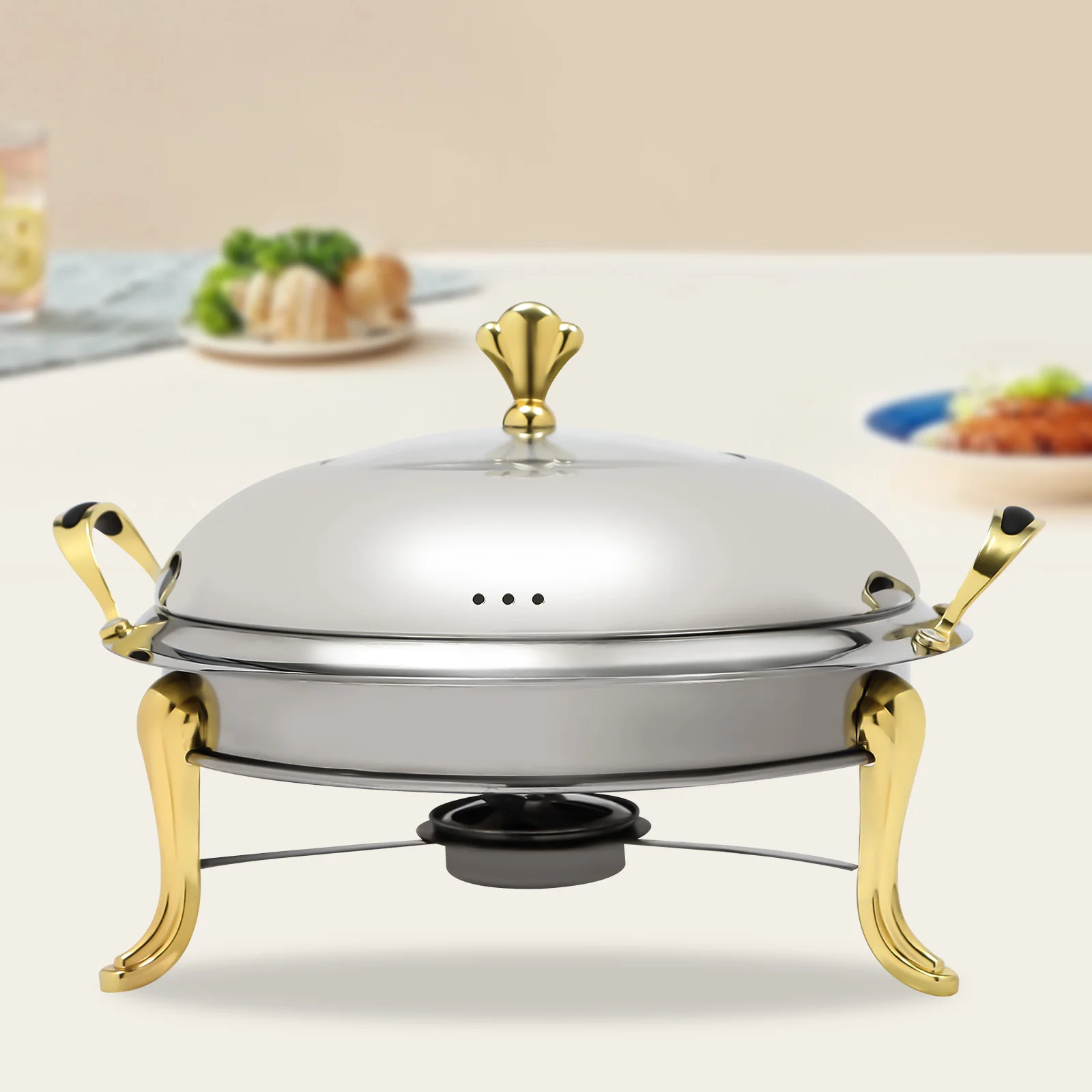 Round Gold Chafing Dish 2.5L Stainless Steel Buffet Food Warmer with Support Frame & Alcohol Fuel Can Heat Preservation Chafing Dish for Banquet Hotel Family Party