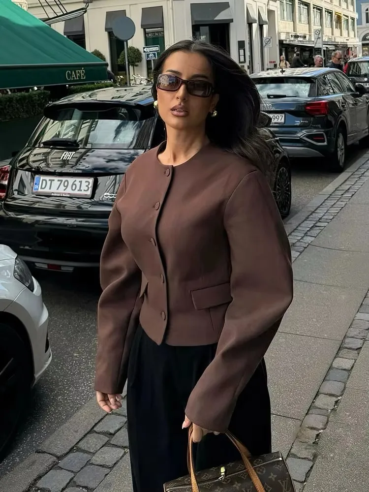 

HH куртка для женщин, модный винтажный однотонный укороченный пиджак, пальто с круглым вырезом и длинными рукавами, осенняя женская повседневная верхняя одежда Y2K