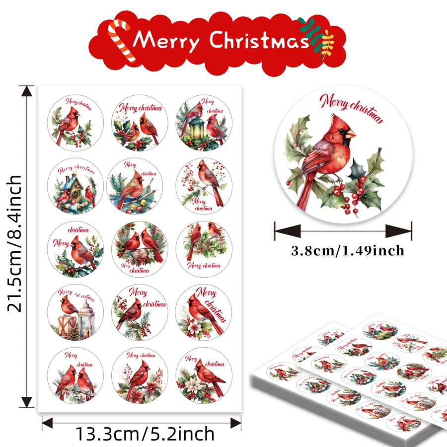 150 Pcs Merry Christmas Stickers 15 Designs Cardinal Red Bird Decals Assorted Xmas Adhesive Decorative Stickers.