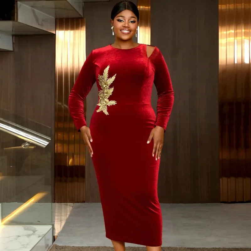 

Red Plus Size African Dresses for Women Autumn Elegant African Long Sleeve O-neck Party Evening Long Maxi Dress Africa Clothing