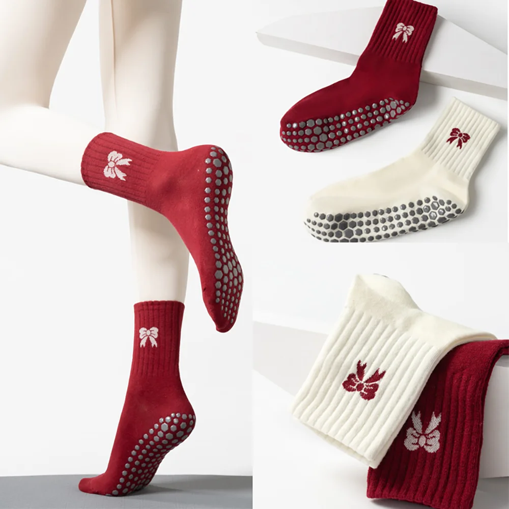Retro Red Bow Embroidery Women's Daily Mid Tube Yoga Socks Silicone Particles Anti Slip Daily Home Exercise Women's Yoga Socks.