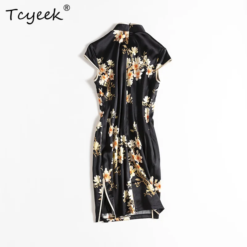 

Tcyeek, 95%Natual Silk Elegant Dresses, Women Short Sleeve Stand Pritn, Retro Commute Chinese Cheongsam, 2024 Summer D46520QC