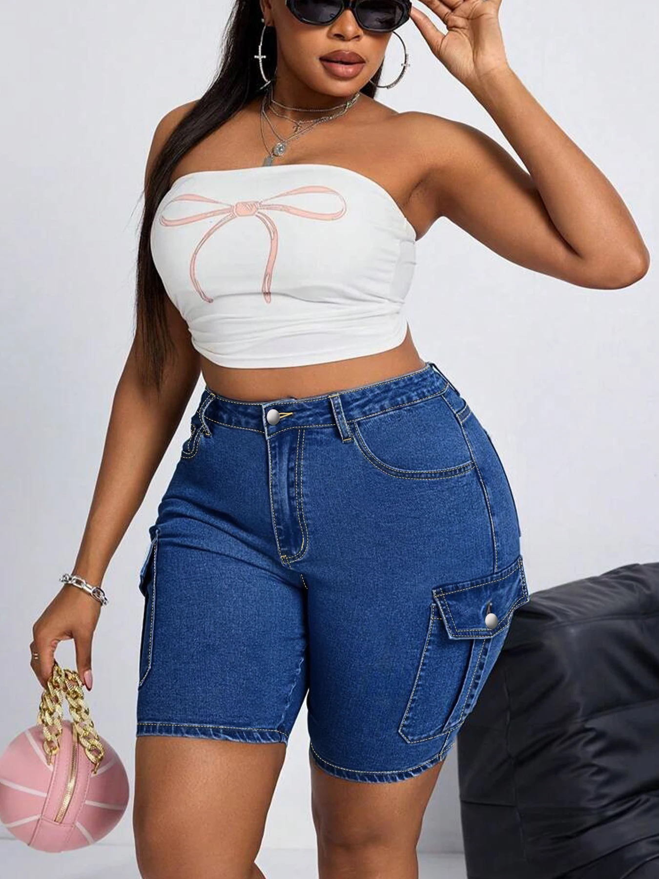 レディース ハイウエスト デニム ジーンズ ディープブルー ワークウェア マルチポケットデザイン キャンパスワークやストリートスタイルに最適