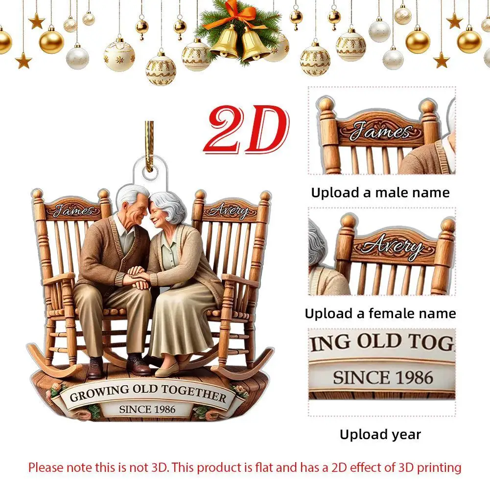زوجان قديم يجلس على الكراسي المتأرجحة معًا، زخرفة أكريليك مخصصة لعيد الميلاد، زوجان ينموون معًا منذ الزينة #1