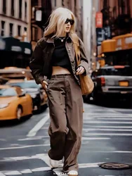 The*R0w Winter Women Pants Wide Leg Cotton Brown Oversize Floor Length Casual Fashion OOTD Pocket Corduroy