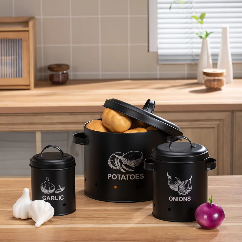 

Set of 3 Iron Storage Bins with Handle,Rustproof Kitchen Organizer for Potatoes,Onions,Garlic,Fruits & Vegetables,Food Container