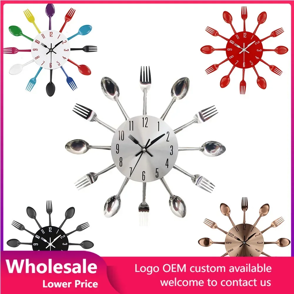 

Kitchen Wall Clock Spoon Fork Creative Cutlery Quartz Wall Mounted Clocks 3D Metal Mural Decal Wall Sticker Home Decor