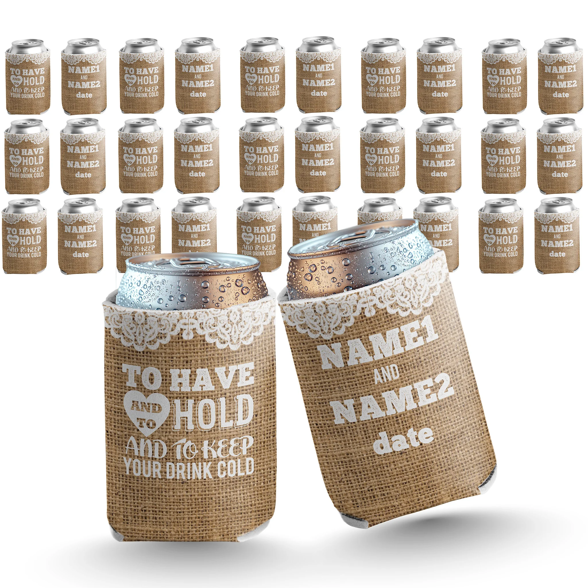 

50-Pack Custom Rustic Wedding Can Coolers – “To Have and To Hold” Burlap Design – Personalized Drink Sleeves for 12 oz Cans by V