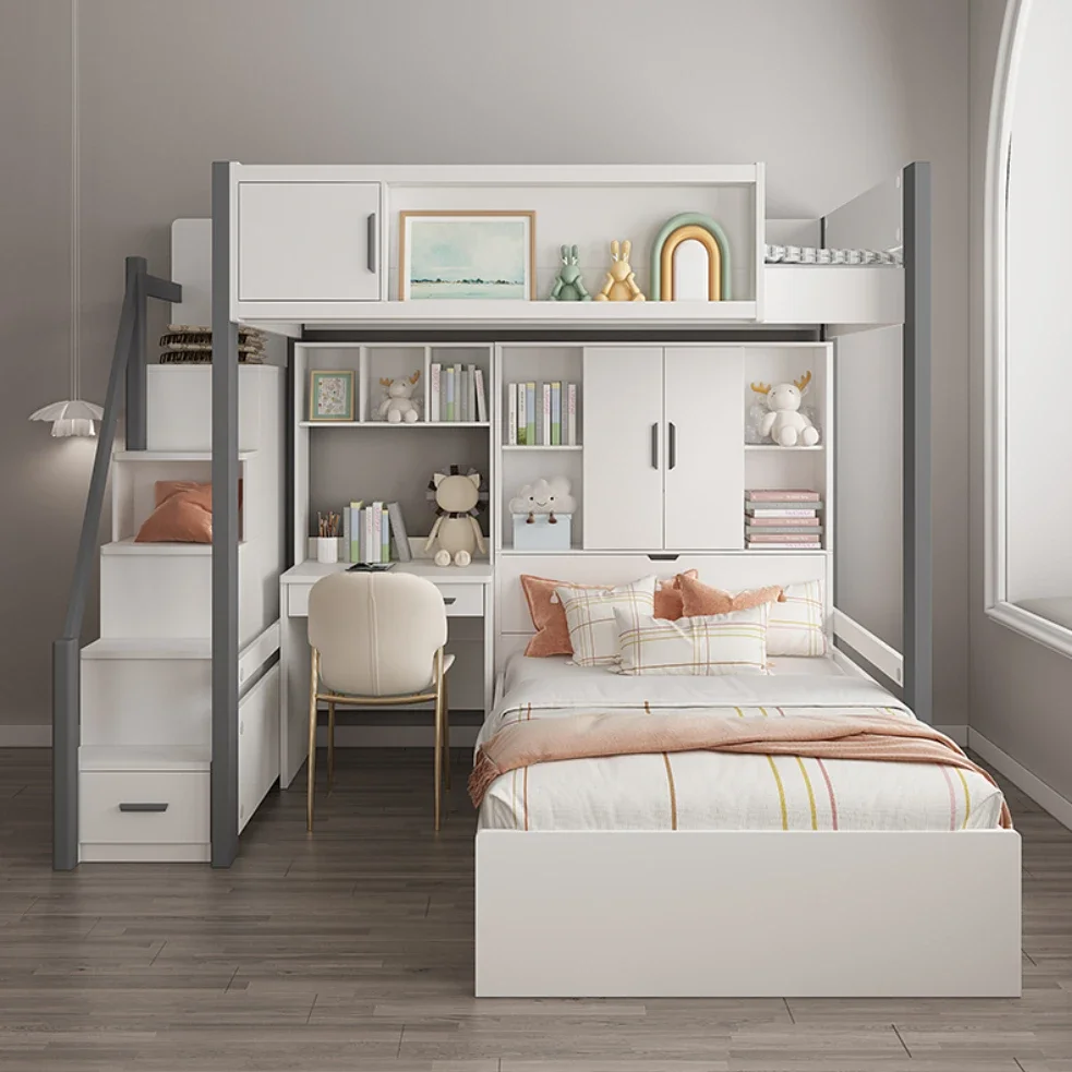 staggered mother and child beds, small apartment, double-decker wardrobe with desk, upper and lower beds.