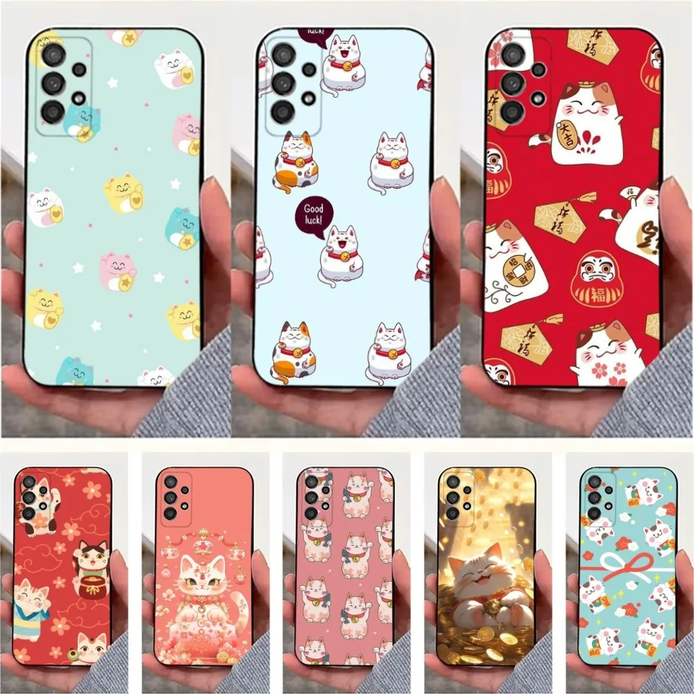 

Cartoon Lucky Cat Phone Case For Samsung S25,S24,S23,S22,S20,S21,S10,Ultra,Plus,Lite,FE,Soft Silicone Black Cover