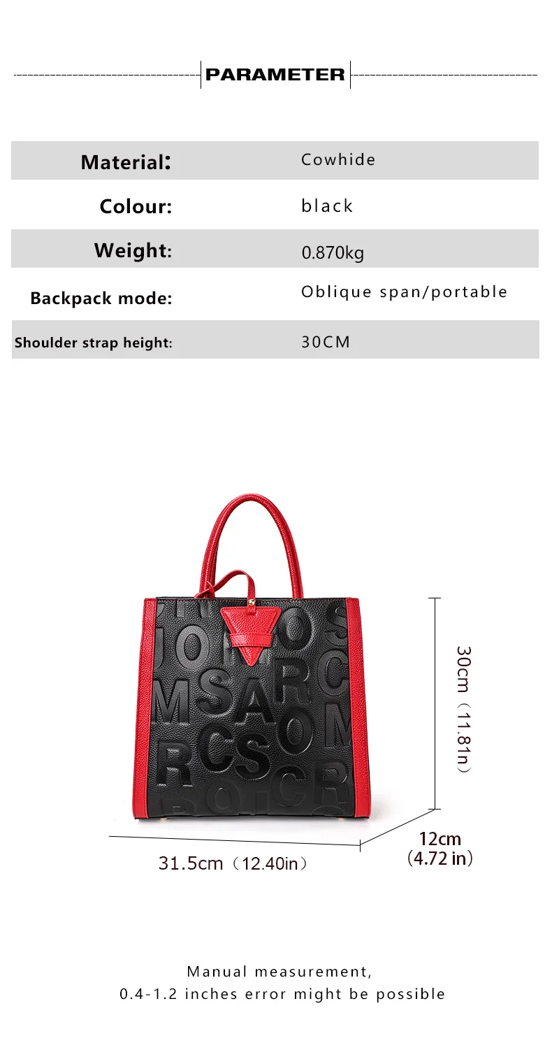 Schwarz-Rote Leder-Tragetasche für Damen mit Geprägtem Alphabet, Verstellbarem Riemen und Mehreren Taschen - Tägliche Crossbody-Shopper-Tasche – Detail 3