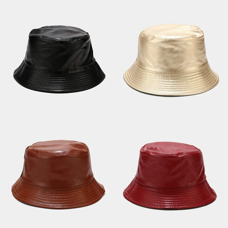 Vintage PU  Leather Reversible Bucket Hat Unisex Outdoor Sun Cap Season