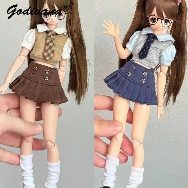 1/4 1/6 Large 1/4 BJD Doll Uniform Preppy Cute Fake Two-piece Short Sleeve Cropped Top and Tie with Pleated Skirt College Suit