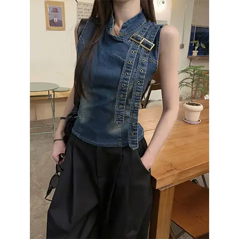

​​Modern Oriental Cut Vest Women's Waist-Defining Denim Top Summer Retro Mandarin Collar Staple Contemporary​​