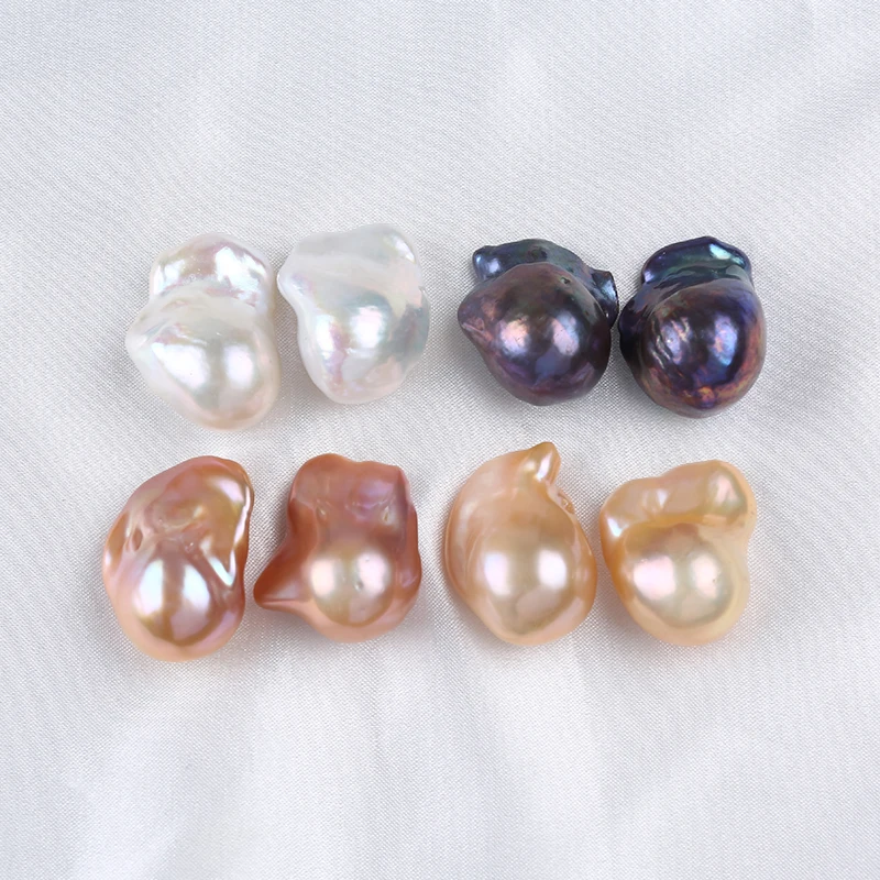 

13-15mm 1pair Top Quality Natural White Pink Purple Fireball Loose Real Freshwater Large Baroque Pearl Beads Pair