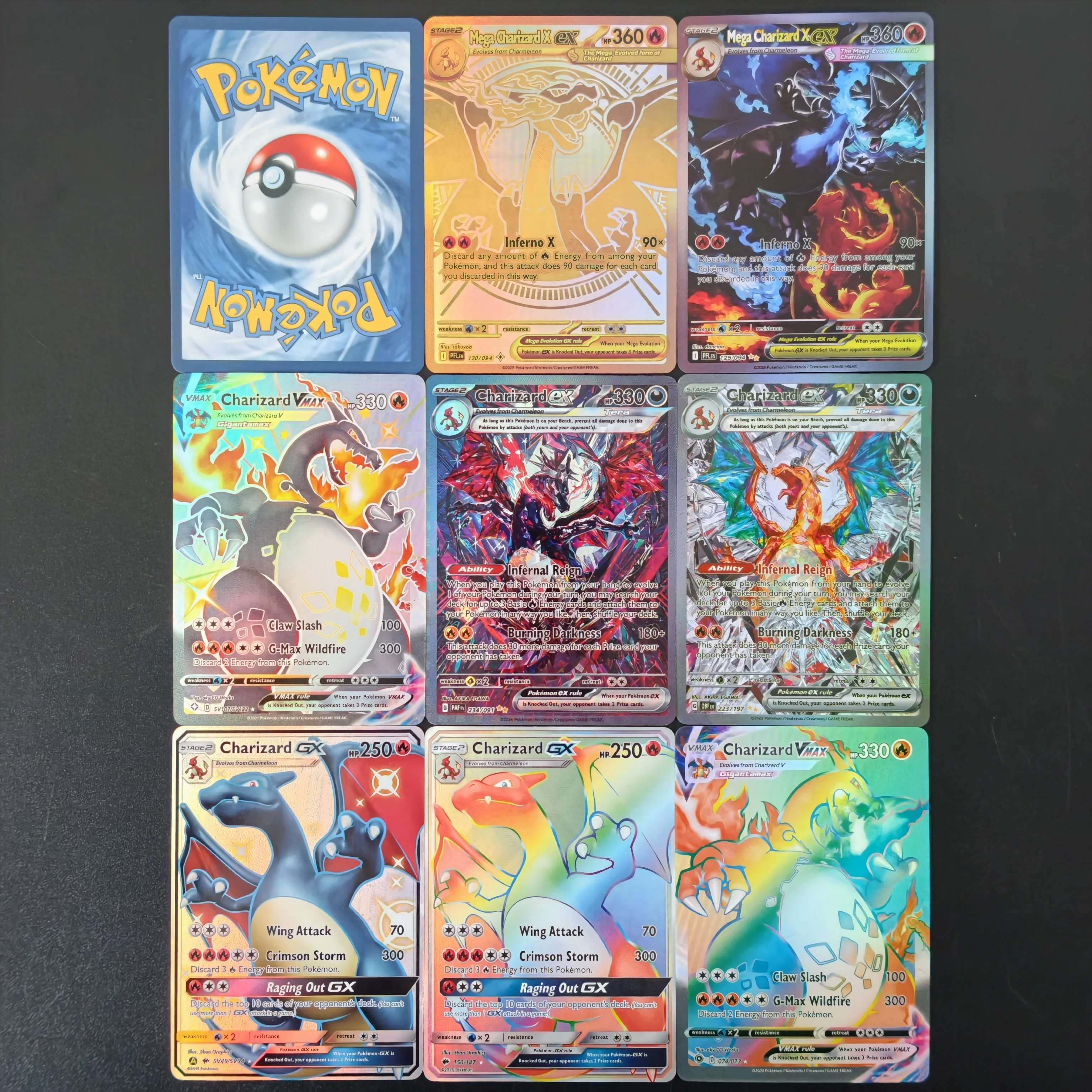 8 Stück/Englische TCG-Karte PKM Mega Charizard X EX Regenbogen Gold Holo Folienkarte DIY Fortgeschrittene Anime-Sammelkarte