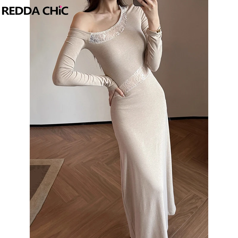 REDDACHiC épaule inclinée robe à manches longues femmes tricot épissure dentelle évider moulante drapé Maxi robe longue Sexy automne vêtements