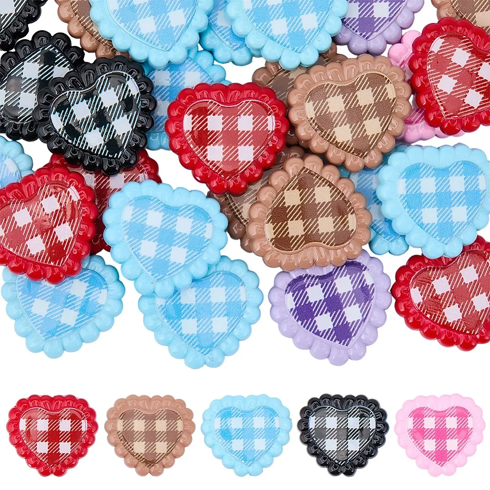 30Pcs Printed Opaque Acrylic Beads Heart with Grid Mixed Color 23.5x25.5x6.5mm Hole: 3mm