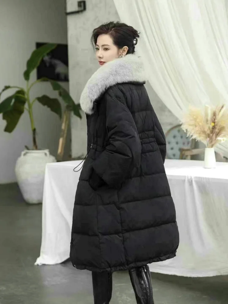 Puffer Coats for Women, Thick Windproof, Warm Parker, Large Fur Collar, Drawstring, Luxury Female Outerwears, Winter, New