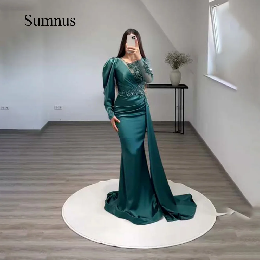 

Sumnus Saudi Arabic Mermaid Evening Dresses Appliques Long Sleeve Soft Satin Evening Gowns With Train Dubai Formal Dress 2023