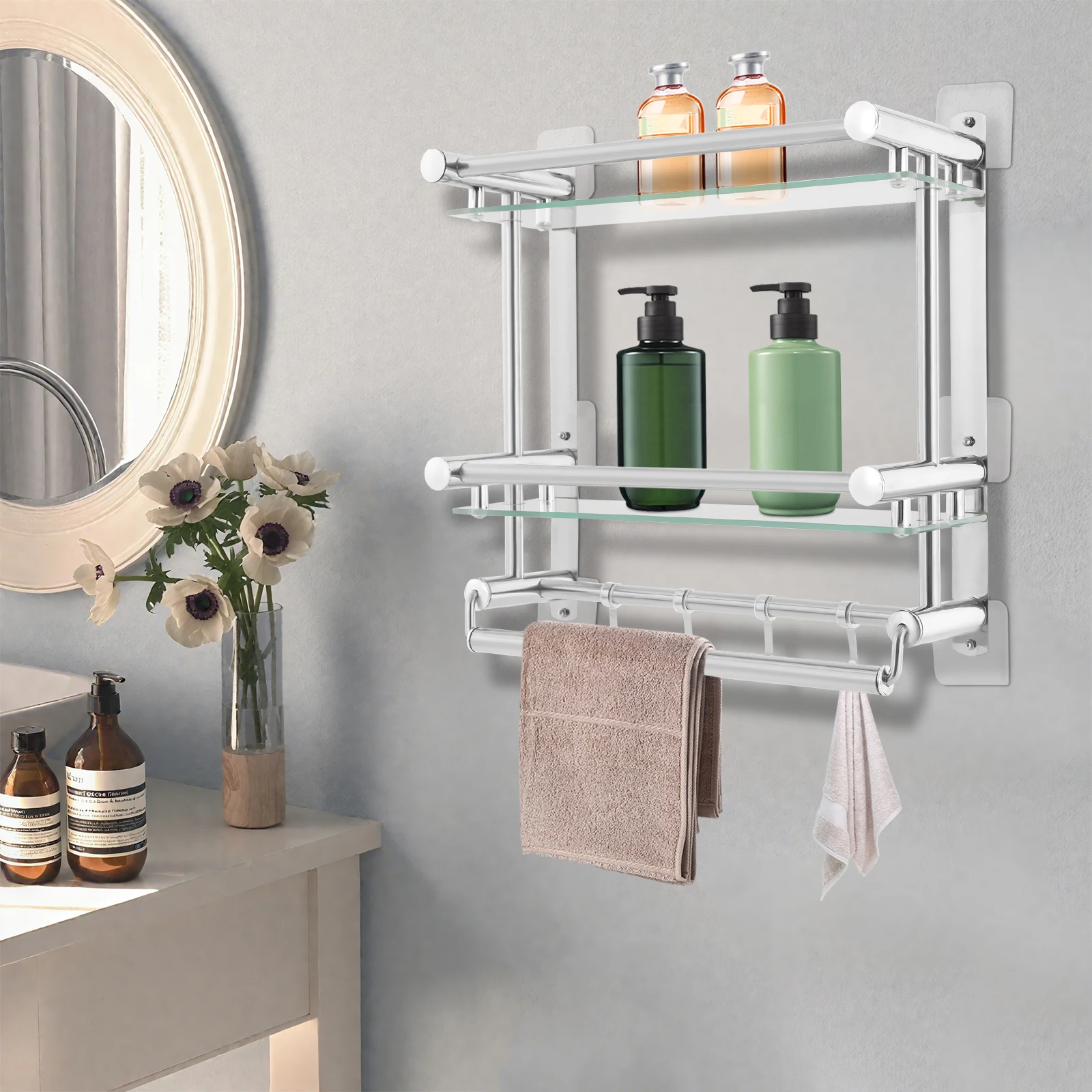 

2 Tier Bathroom Shelf, Silver Wall-mounted Stainless Steel Shelf w/ Towel Holder Bar and Hooks, Visual Tempered Glass Countertop