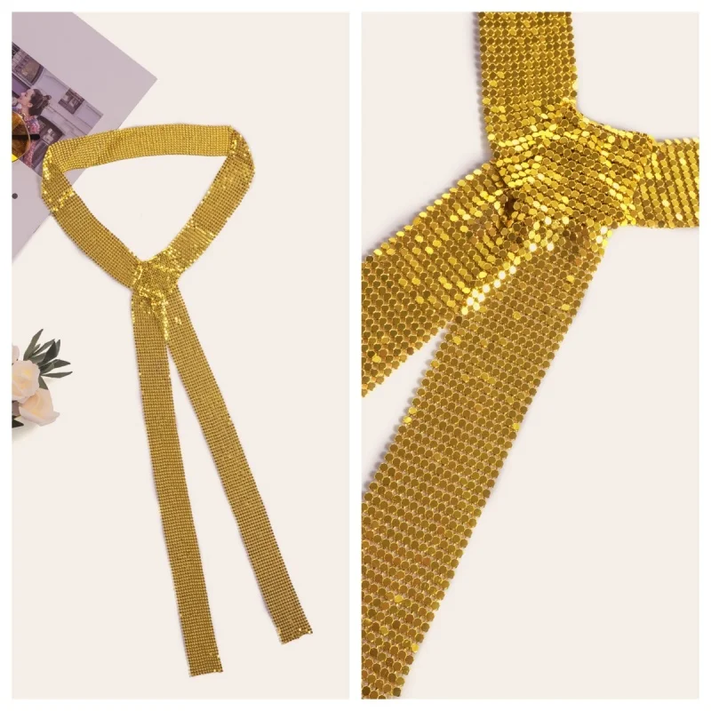 Damen Glänzender Strass-Kettenmail-Schal-Choker – Langer Halswickel für Party, Nachtclub, Rave, Festival – Silbernes Statement-Accessoire – Detail 9