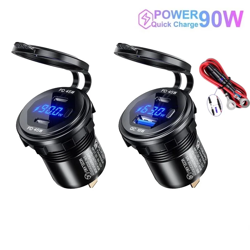 90W Quick Charge Car Charger PD Port Fast Charging Switch ON/OFF Phone Charger LED Display Power Adapter Universal for 12V/24V