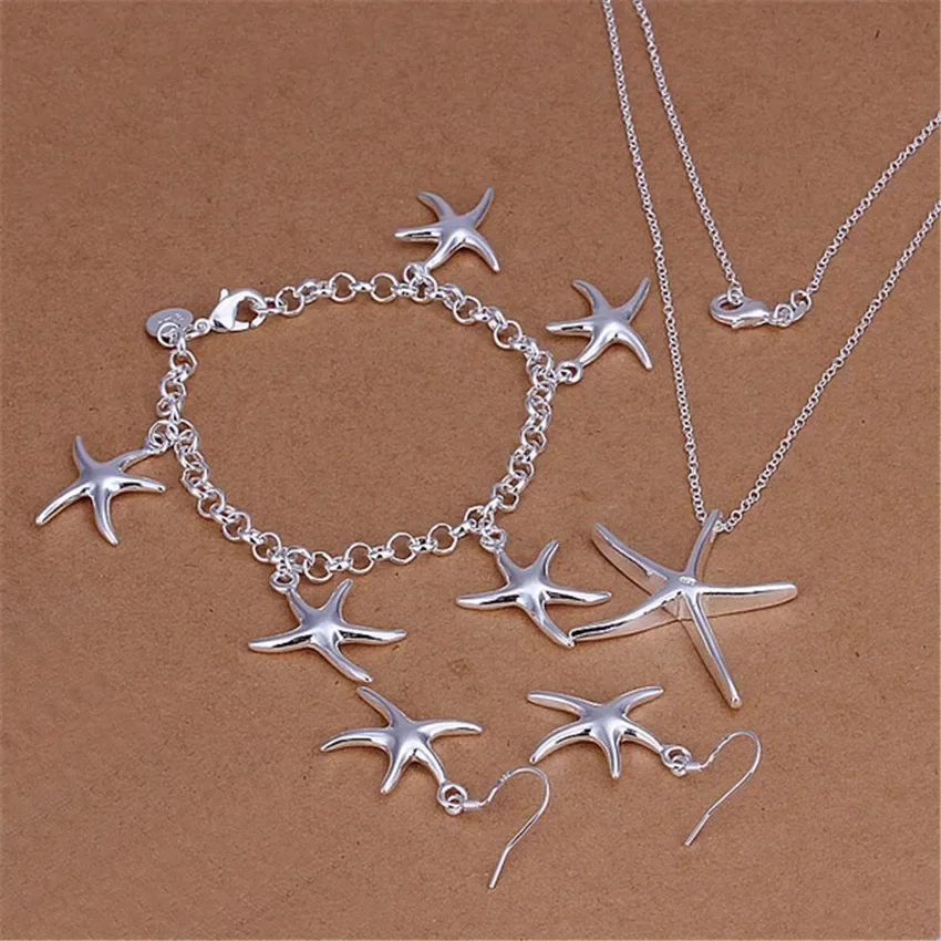 925 Sterling Silver starfish Pendant Bracelet necklace earrings Jewelry set for women Fashion Party wedding accessories Gifts