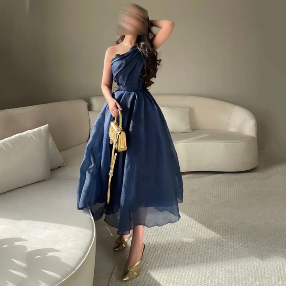 Navy Blue Vintage Organza One Shoulder Prom Dresses with Pleats A-Line Tea Length Robe De Soiree Formal Party Dresses for Women