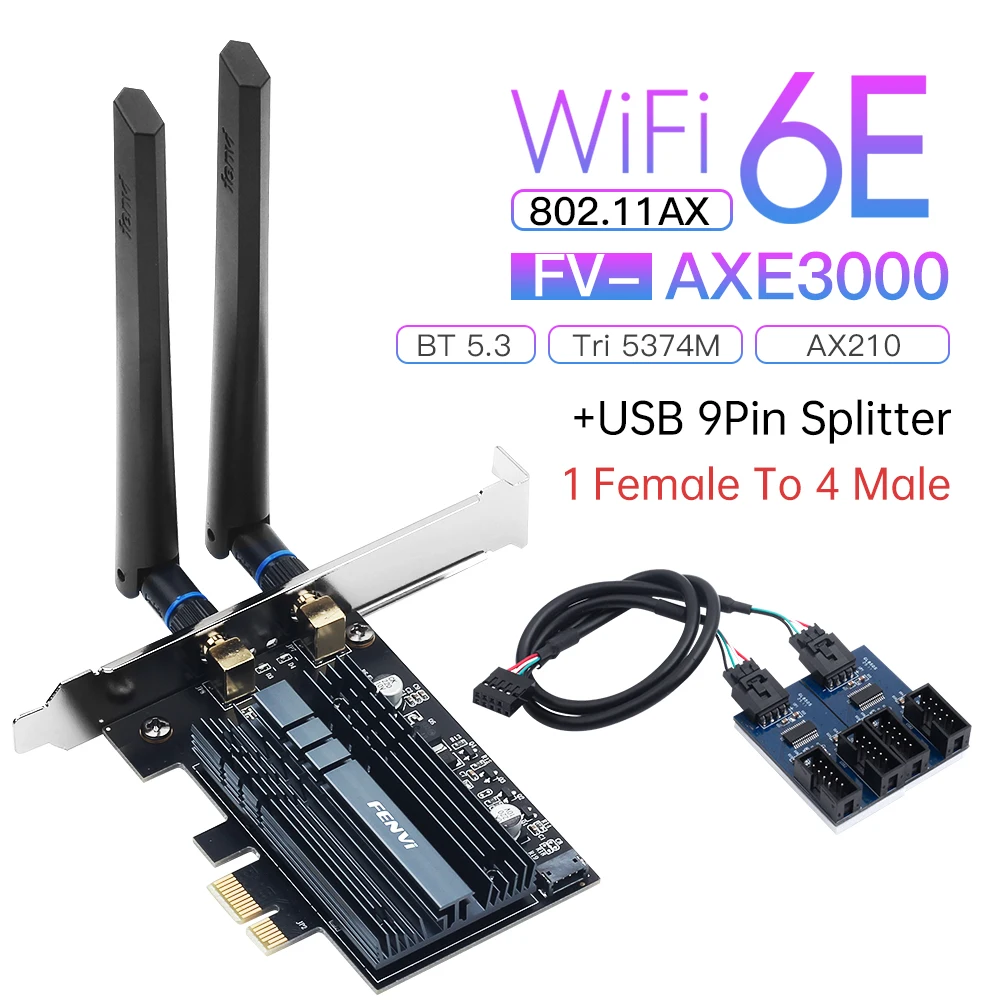 

FENVI WiFi 6E AX3000 PCIE WiFi Adapter Tri-band BT5.3 USB2.0 9Pin Splitter Motherboard Interface Extension Cable For PC Win10/11