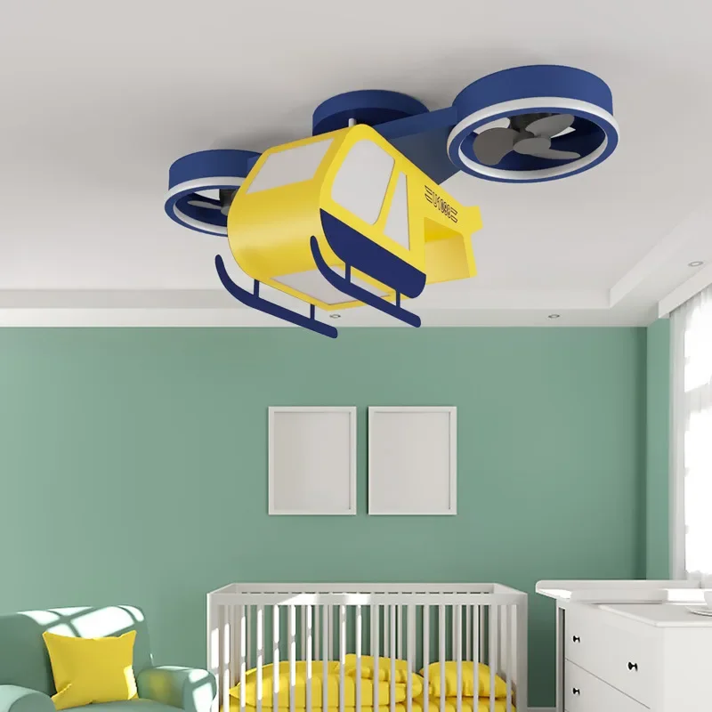 SANDYHA Cartoon Helicopter Ceiling Light Kids Room Decor LED Lamp Iron Art Small Fan Design Bedroom Lighting