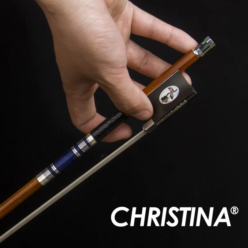 

CHRISTINA High Quality Pernambuco Violin Bow SG17, Inlaid Abalone Frog 3-part Screw Flower Eye Blue Silk Thread Silver Winding