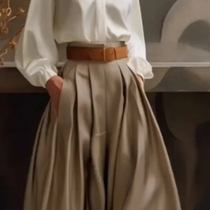 Female Stylish Solid Color Pleated Wide Leg Pants 2025 New Autumn Loose Casual High Waisted Trousers Bottoms No Belt