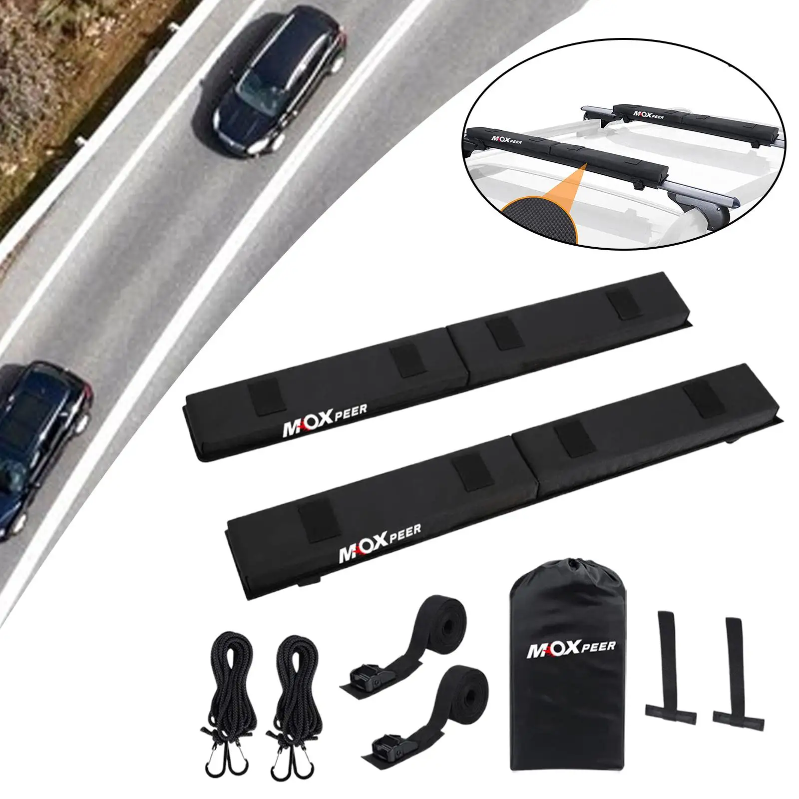 Car Soft Roof Rack Pads Set Crossbar Pads, Luggage Carrier System with Tie Down Straps and Ropes for Kayak, Snowboard