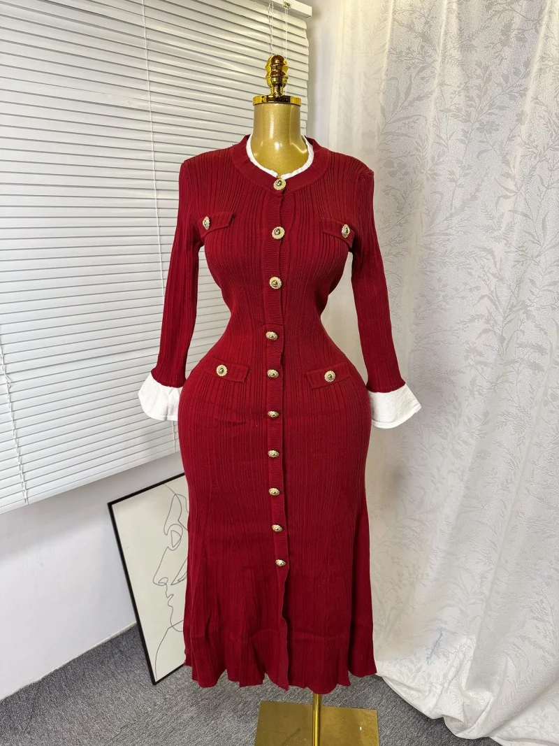 Elegante Breien Zeemeermin Jurk Lente Kleding Vrouwen Lange Mouw Button Up Lange Trui Jurken Vintage Gebreide Jurk Gewaad Femme